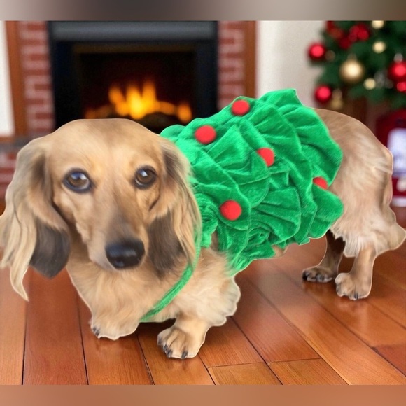 Pet Spirit Christmas Tree Dog Dress Costume Green Red Pom Poms Dog Clothing - Picture 7 of 10